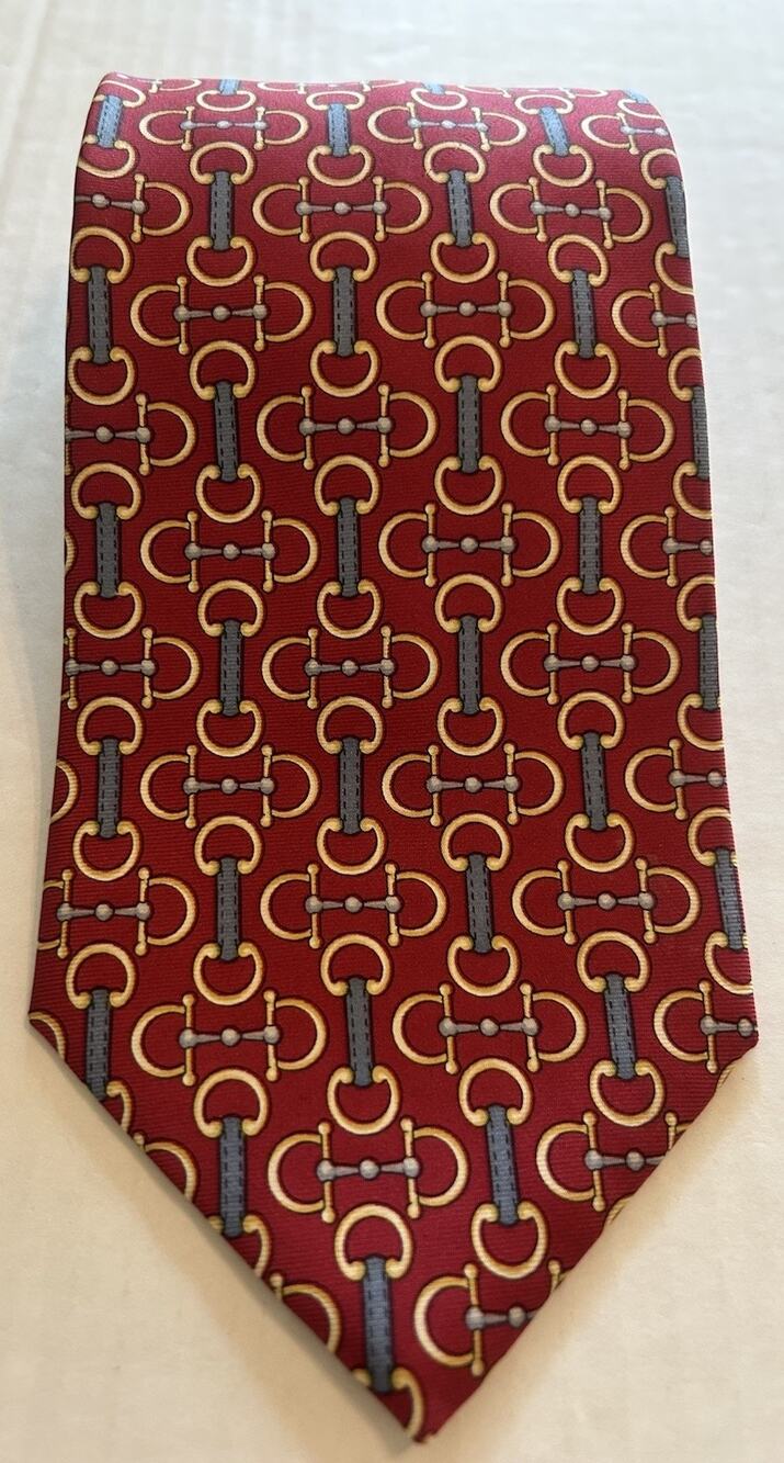 Beaufort Tie Rack Men’s Silk Tie Red Gold 3.75” Equestrian Horsebit Chain Italy